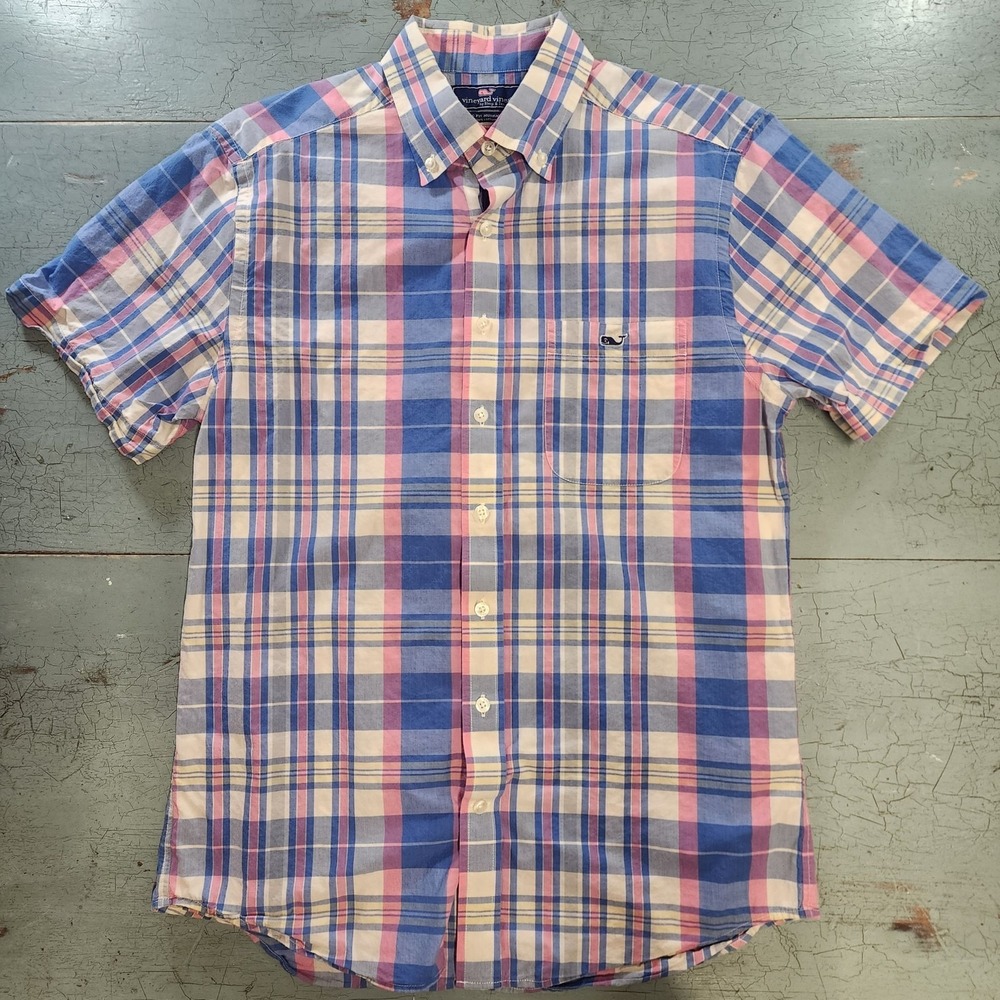 Vineyard Vines Short Sleeve Classic Fit Plaid Shirt Men's M Blue Pink White